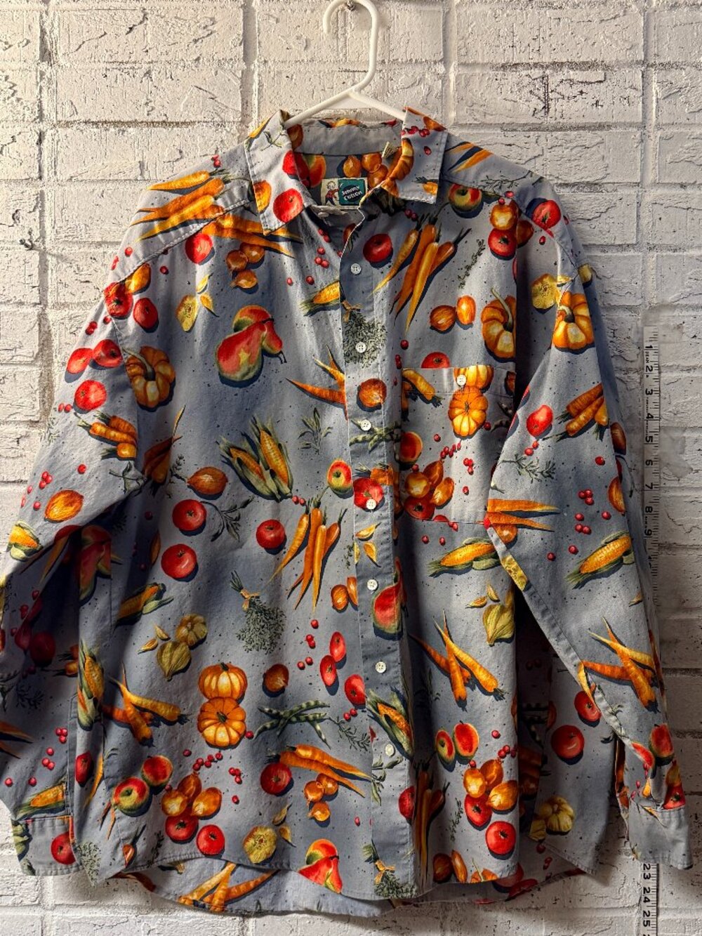 Vintage Johnny Cotton Vegetable Print Button Up Shirt XL USA Farmcore Cottagecor